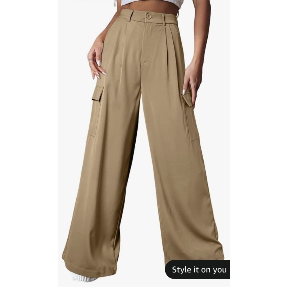 Acelitt Wide Leg Trousers Women Size 10 Khaki New High Waist Cargo Pants